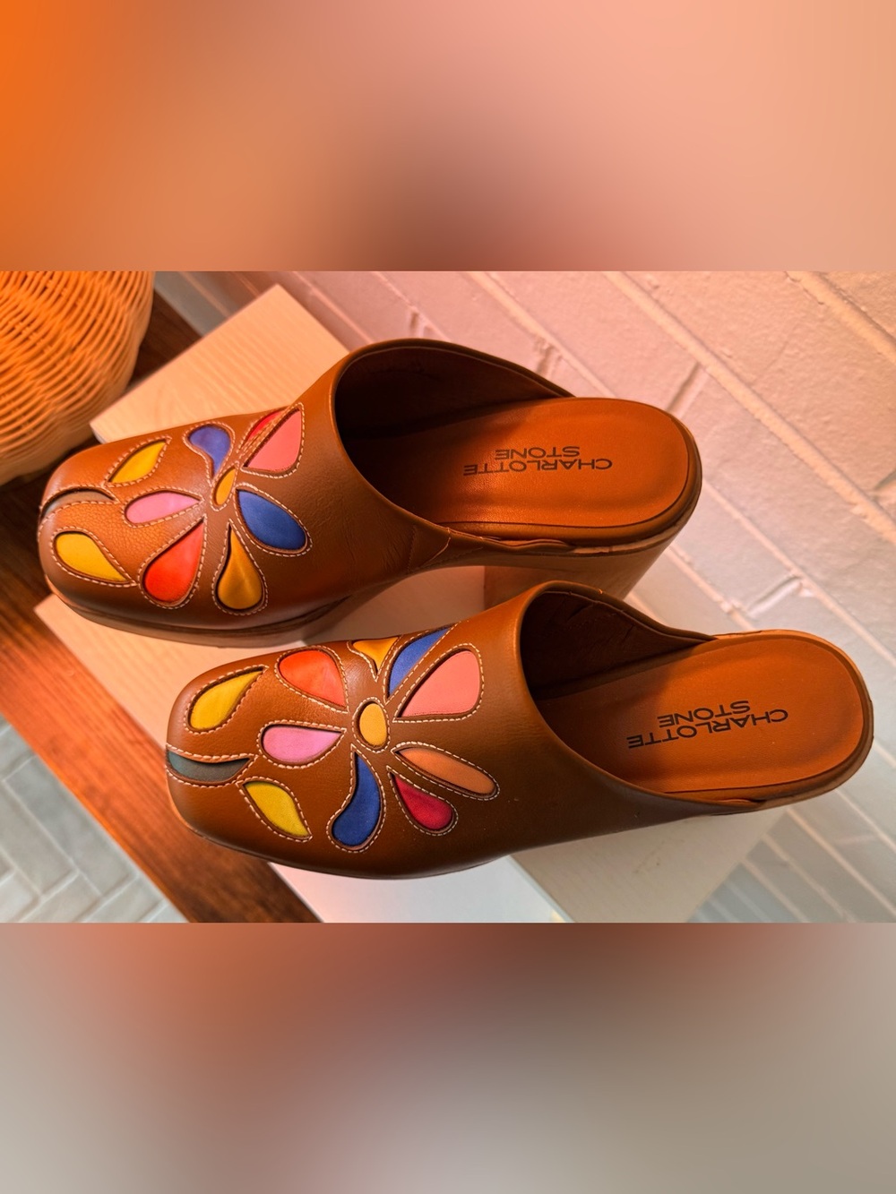 Charlotte Stone Floral Leather Platform Clogs Size 10 NWOT 70s Retro Multicolor - Picture 5 of 8
